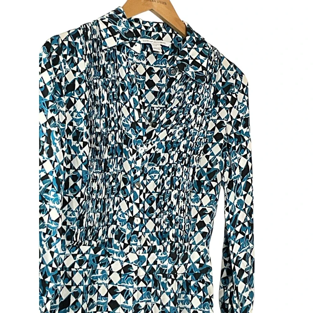 Women's DVF Geometric Print‎ Long Sleeve Mini Romper Collared Button Down